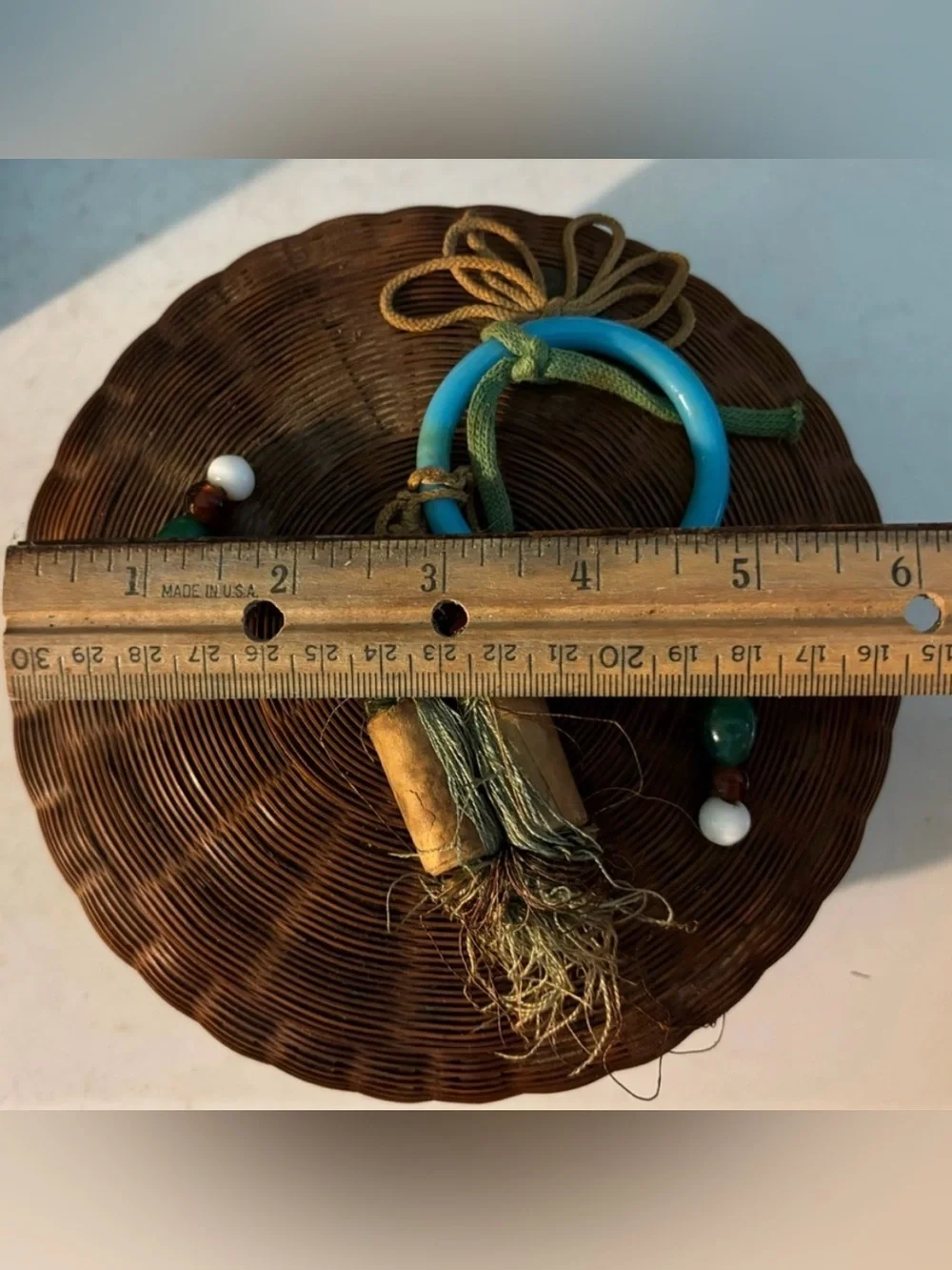 VTG Chinese Wedding Sewing Basket Lidded Woven Boho Wicker Glass Ring Beads Coin